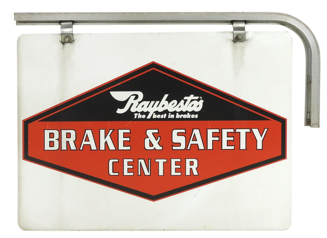Automobilia, Raybestos Brake Repair swing sign on orig hanger, dbl sided aluminum, VG cond w/color (1 of 2)