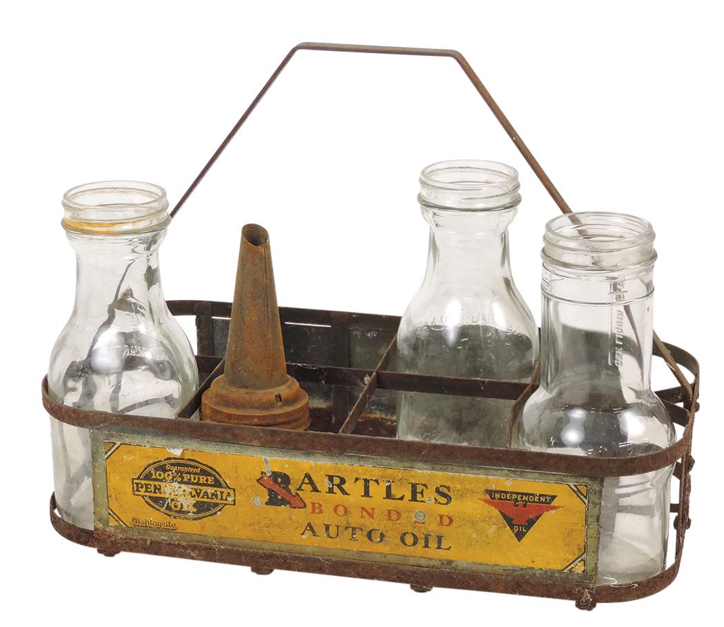 Petroliana, advertising bottle rack, strap steel w/paper lithos for Bartels Auto Oil, incl 3 (1 of 2)