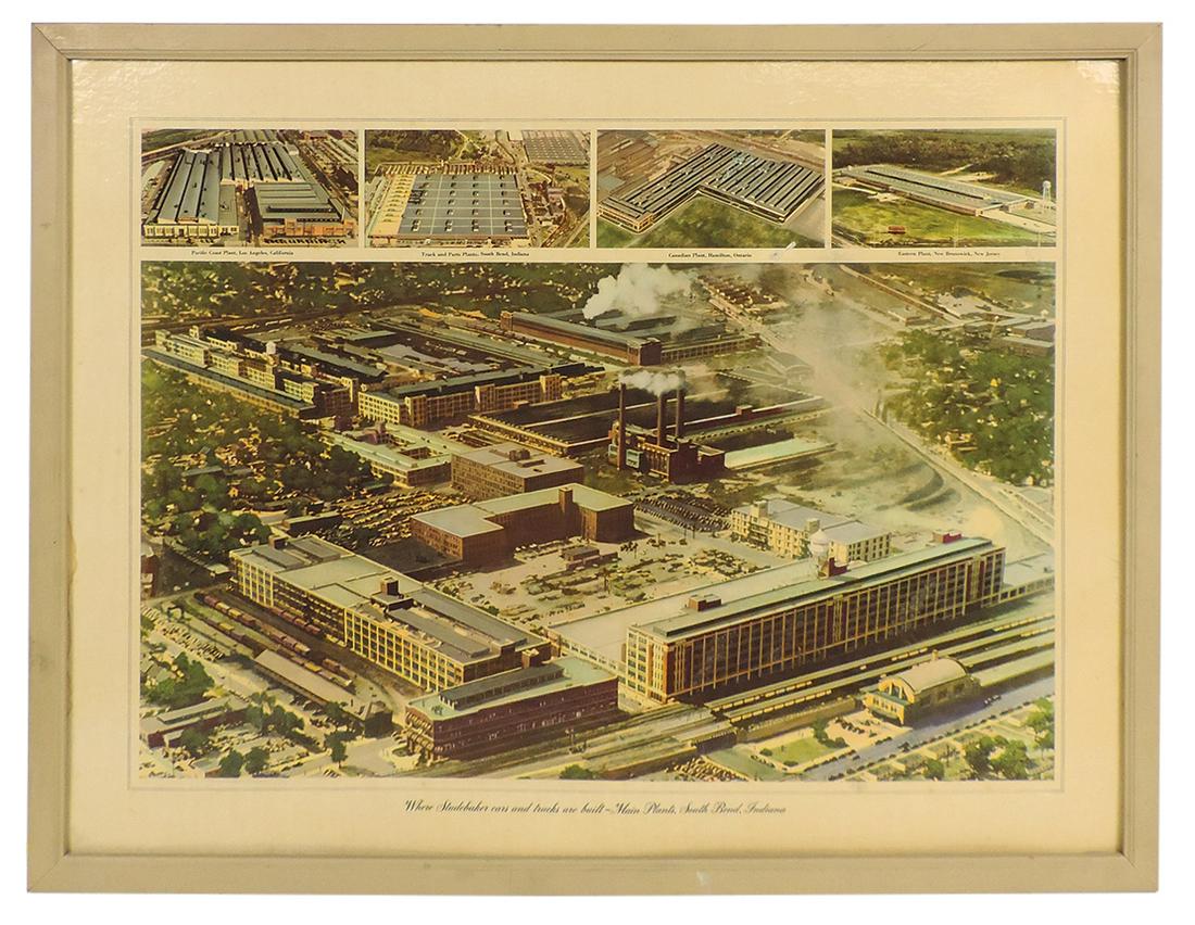Automobilia, Studebaker Dealer sign, photo chromolithograph aerial view in orig frame of the main: Automobilia, Studebaker Dealer sign, photo chromolithograph aerial view in orig frame of the main plants, South Bend IN, VG cond w/overall toning & stain at left edge, 29.5"H x 39.5"W.
