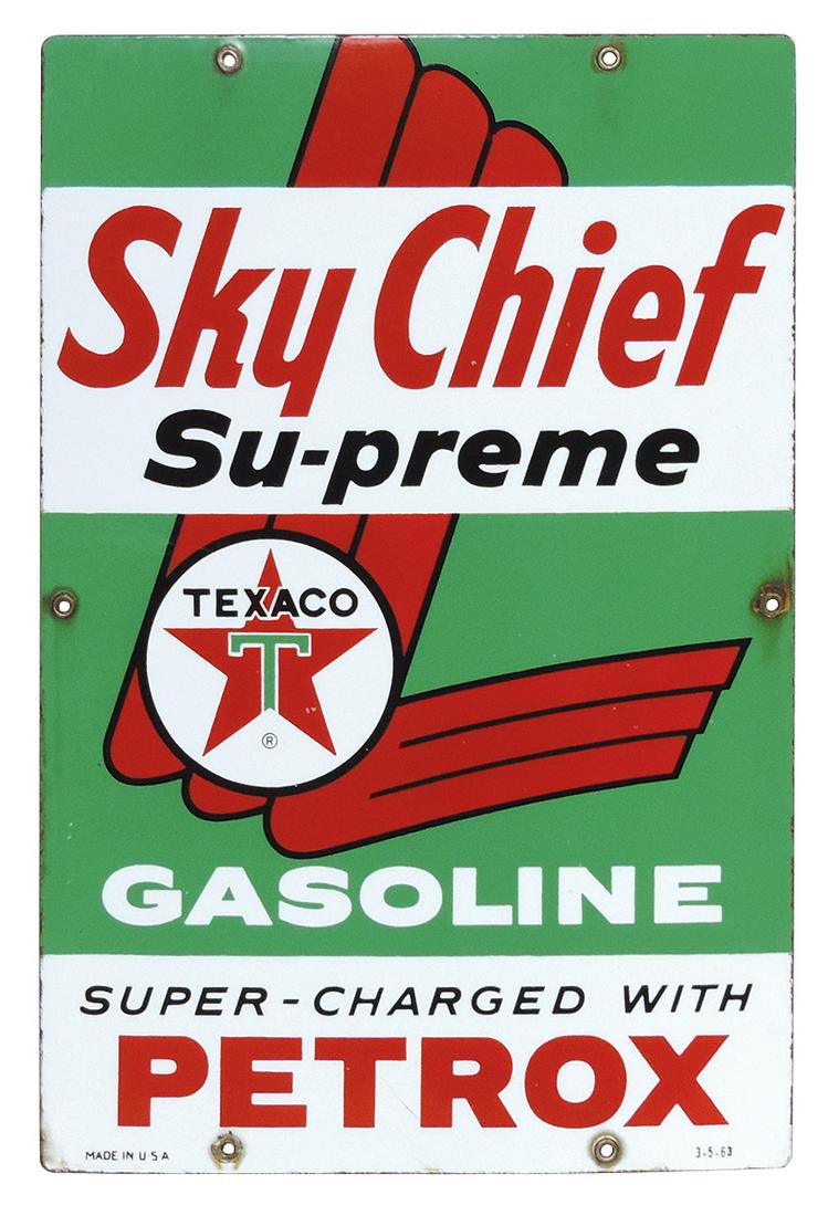 Petroliana, Texaco Pump Plate for Sky Chief Su-preme Gasoline, SSP on steel, marked 3-5-63, Exc cond (1 of 1)