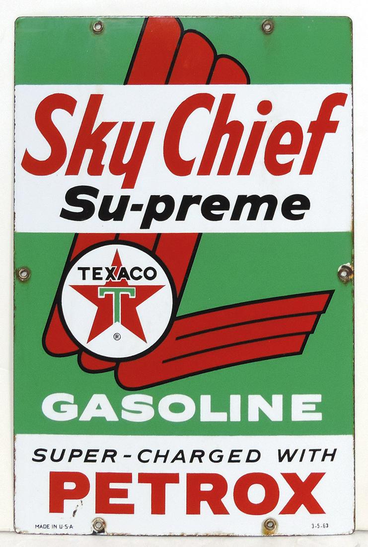 Petroliana, Texaco pump plate for Sky Chief Su-preme Gasoline, SSP on steel, marked 3-5-63, Exc cond (1 of 1)