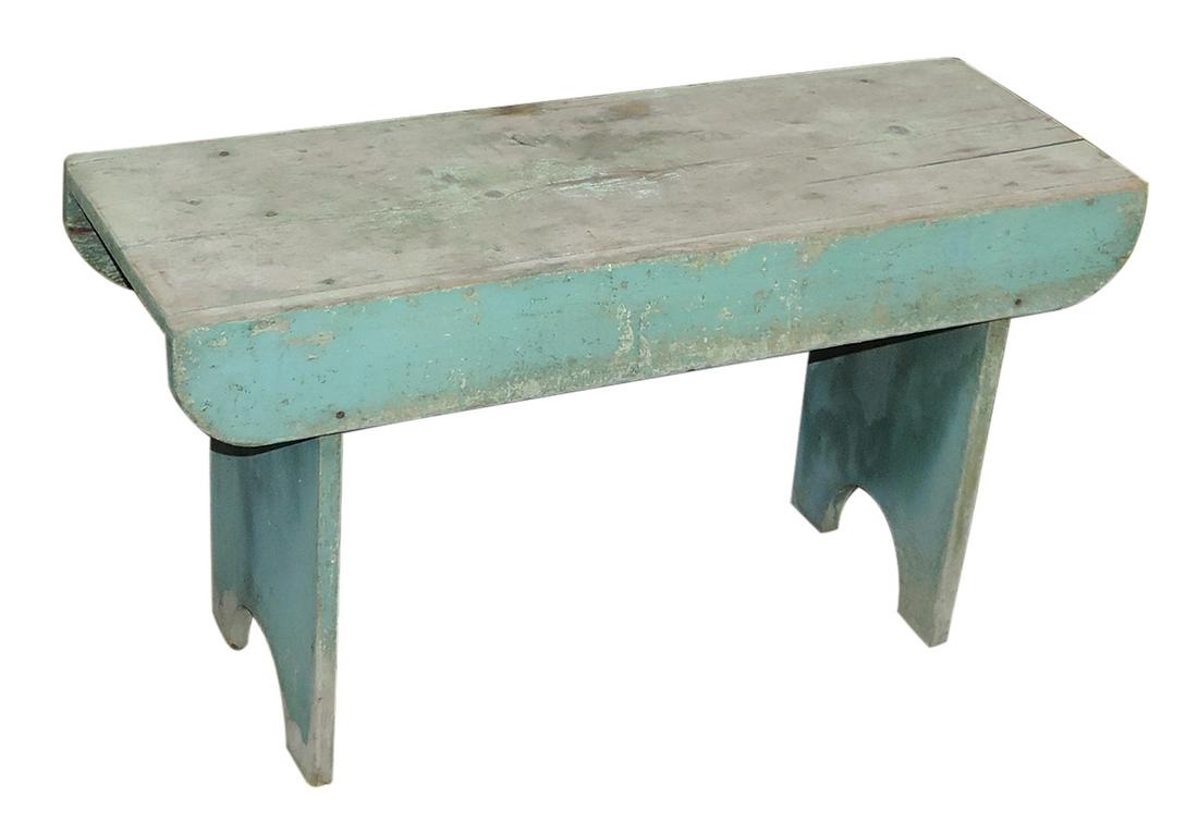 Furniture, primitive pine wash bench, 5-board construction w/remnants of orig turquoise blue paint, (1 of 1)