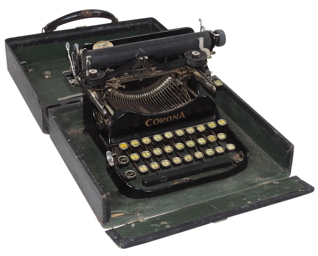 Typewriter, Corona Portable, folding carriage in wood case, VG working cond w/case wear, 12"L. (1 of 2)