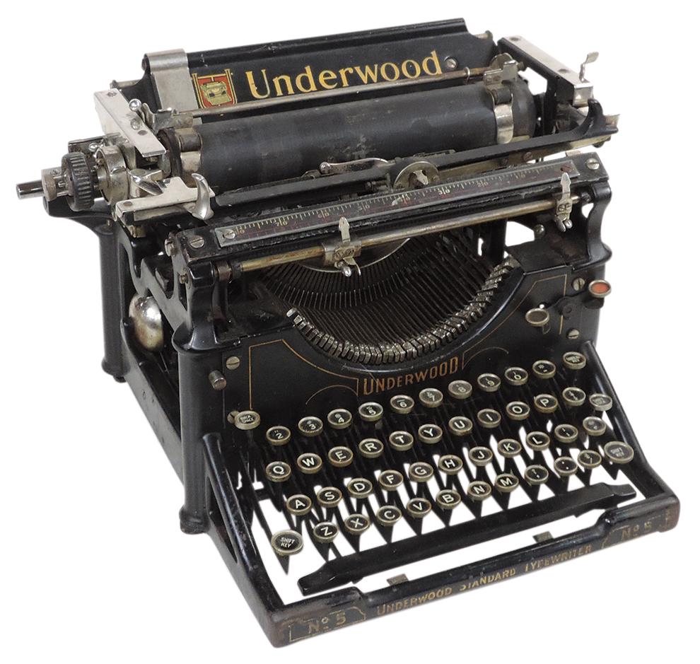 Typewriter, Underwood #5 in orig stenciled wood packing crate, Good+ working cond, 15"H x 21.5"L (1 of 4)