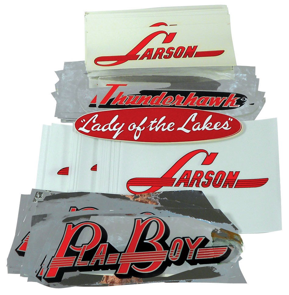 Boat decals, 26 Larson 10" vinyl, 26 Pla-boy 12": Boat decals, 26 Larson 10" vinyl, 26 Pla-boy 12" foil, 26 Thunderhawk 12" foil, 40 Larson 12" water, 24 Lady of the Lakes 12" vinyl, all remanufactured decals in Exc cond.