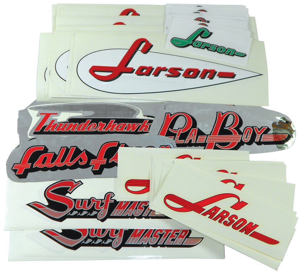 Boat decals, 100+, (18) Larson vinyl, 17", (21) P: Boat decals, 100+, (18) Larson vinyl, 17", (21) Pla-boy foil, 12", (4) Falls Flyer, 14", (7) Thunderhawk foil, 12", (40) Larson water transfers, 10", (4) Surf Master foil, 13", (6) Larson green foil,