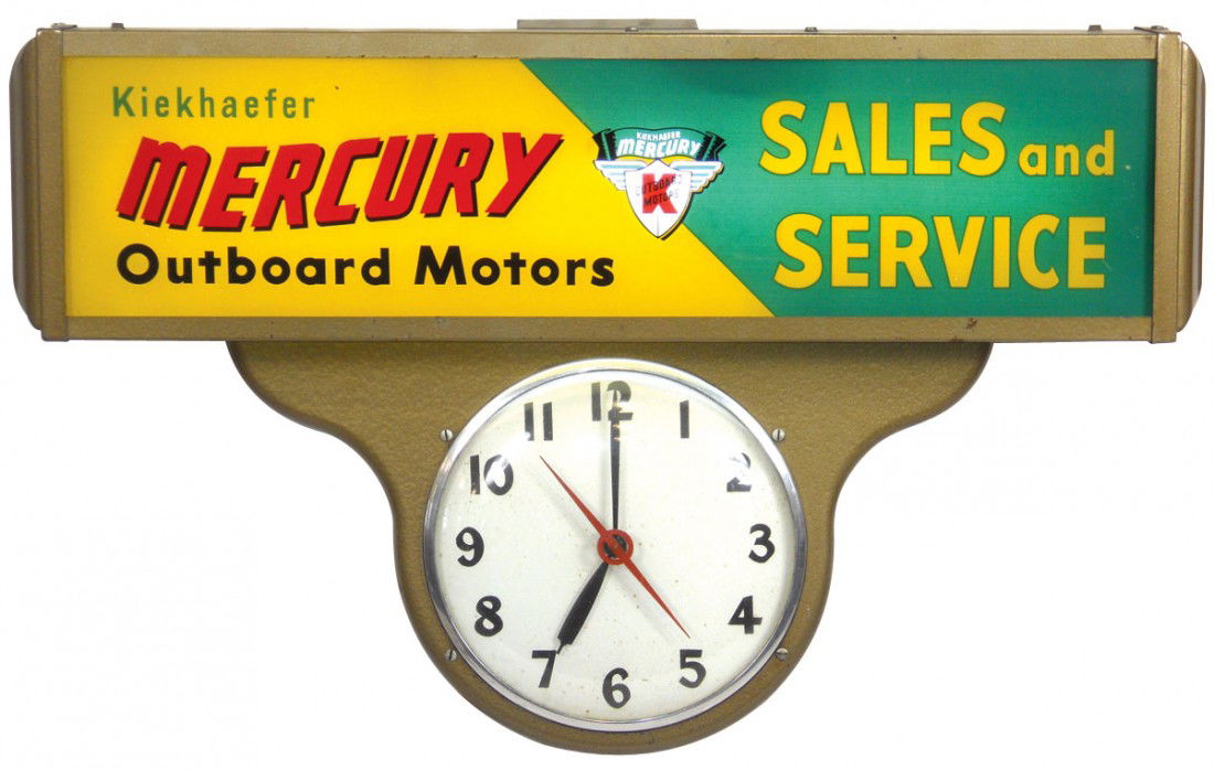 Boat motor dealer advertising sign, Kiekhaefer Me: Boat motor dealer advertising sign, Kiekhaefer Mercury Outboard Motors Sales & Service light-up sign w/clock, metal frame w/glass insert, bubble glass face on clock, Exc cond, 16.5"H x 26"W.