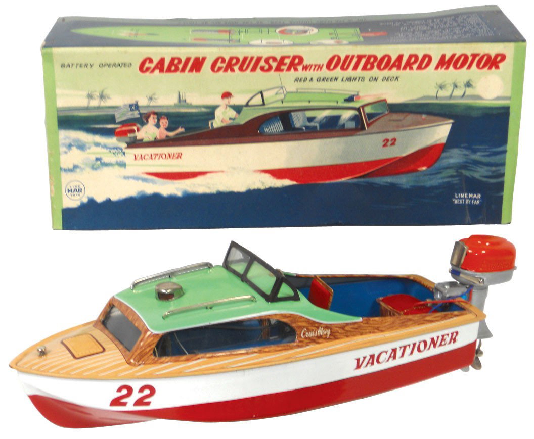 Toy boat w/box, Linemar Cabin Cruiser w/outboard : Toy boat w/box, Linemar Cabin Cruiser w/outboard motor, the "Vacationer", tin battery powered, Exc cond w/Exc box, 13"L.