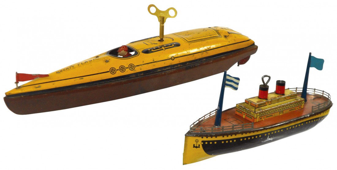 Toy boats (2), Liberty Flash windup, wood hull w/: Toy boats (2), Liberty Flash windup, wood hull w/metal deck & unknown tin windup, both VG cond, 11" & 16"L.