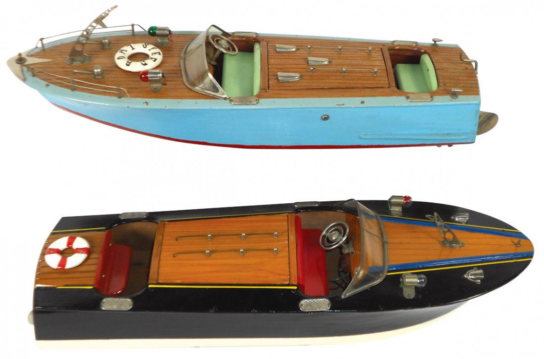 Toy boats (2), Japanese ITO speed boats, Very Rar: Toy boats (2), Japanese ITO speed boats, Very Rare wood, battery powered boats w/blue & black hulls, both in Exc cond & 18"L.