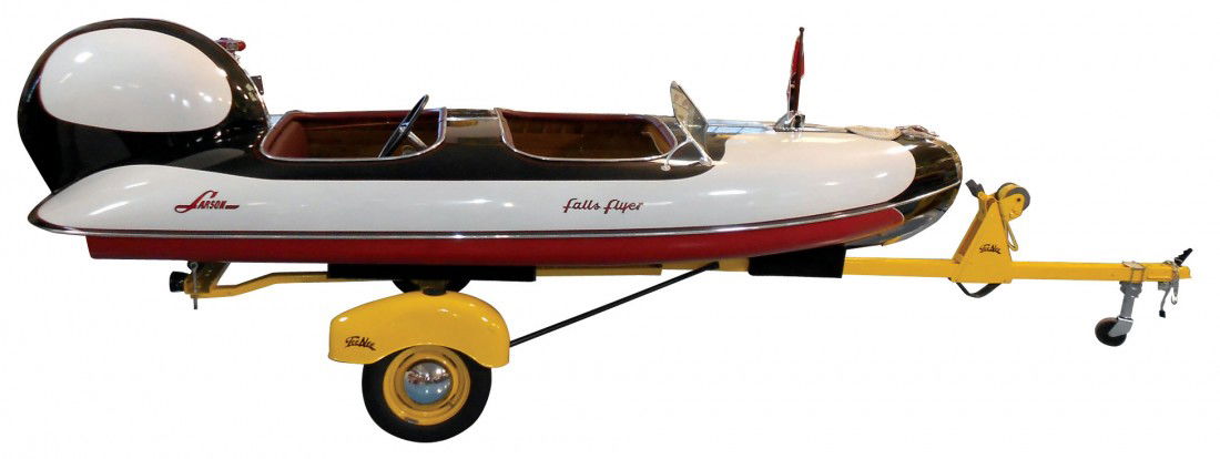Speed boat, Larson Falls Flyer, wood cedar strip: Speed boat, Larson Falls Flyer, wood cedar strip construction w/a canvas skin, c.1948, 14 ft. A Very Rare (only one known) Falls Flyer w/the original low profile engine hood. Constructed in 2 halves &