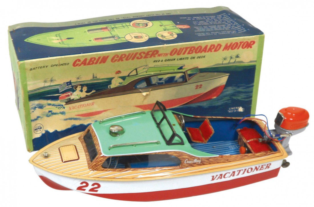 0239: Toy boat, Linemar Cabin Cruiser w/outboard motor,