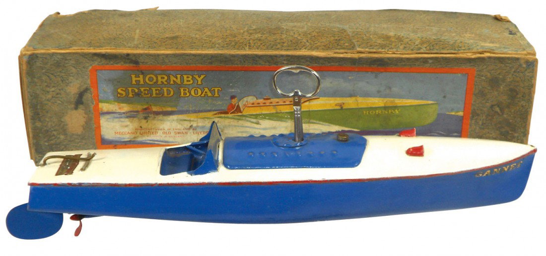 Toy boat, Hornby tin speed boat w/box, VG w/orig : Toy boat, Hornby tin speed boat w/box, VG w/orig decal, orig box in Fair cond, 17"L.