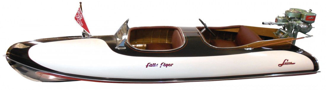 Speed boat, Larson Falls Flyer Outboard, wood w/c: Speed boat, Larson Falls Flyer Outboard, wood w/canvas overlay, c.1941, 14 ft, hull #4172, constructed of steam-bent oak frames & cedar strip planking covered w/fabric. A Rare model as only 8 are know