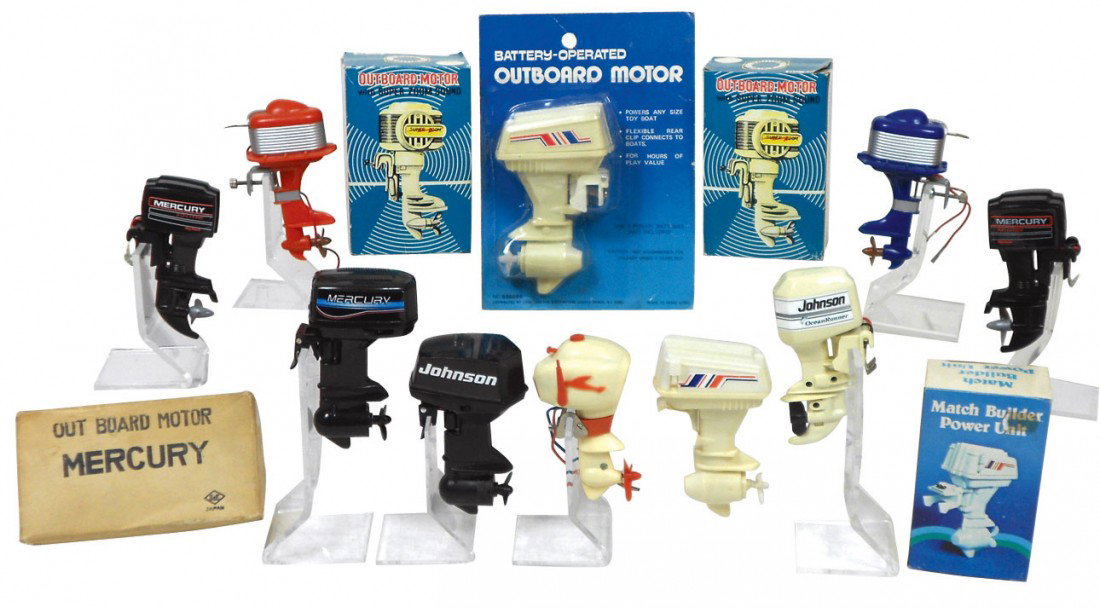 Miniature outboard motors (10), all plastic, incl: Miniature outboard motors (10), all plastic, includes Mercury, Johnson, Delphin (crack in collar) & Union Craft brands, all in VG & Exc cond, 4 w/orig boxes, one new-old-stock in orig pkg, up to 5"H.