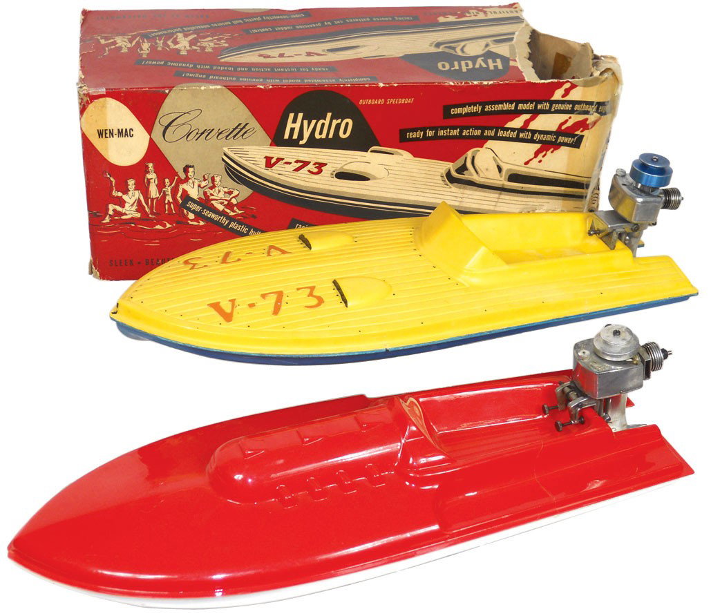 Toy boats (2), both are Wen-Mac race boats, one h: Toy boats (2), both are Wen-Mac race boats, one has Allyn's Sea Fury metal outboard motor, Exc cond, 18"L, other is a Corvette Hydro w/Atwood metal outboard motor w/box, Exc cond 18"L.