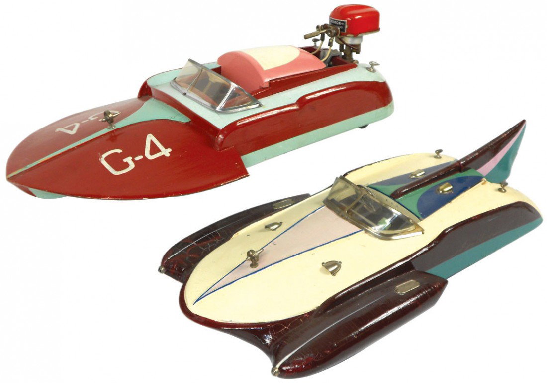 Toy boats (2), Japanese ITO speed boats, "Swallow: Toy boats (2), Japanese ITO speed boats, "Swallow" inboard & "G-4" outboard w/D.C. motor, both are highly stylized wood, battery powered boats, brown/cream boat has some restored paint, o/wise both in
