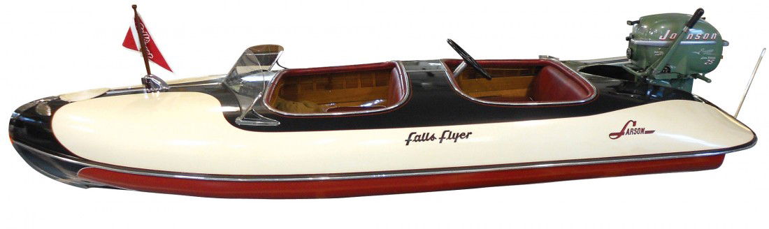 Speed boat, Larson Falls Flyer Outboard, wood w/c: Speed boat, Larson Falls Flyer Outboard, wood w/canvas skin, c.1951, 14 ft. Constructed of steam-bent oak frames & cedar strip planking & covered w/its original canvas skin. The most original conditio