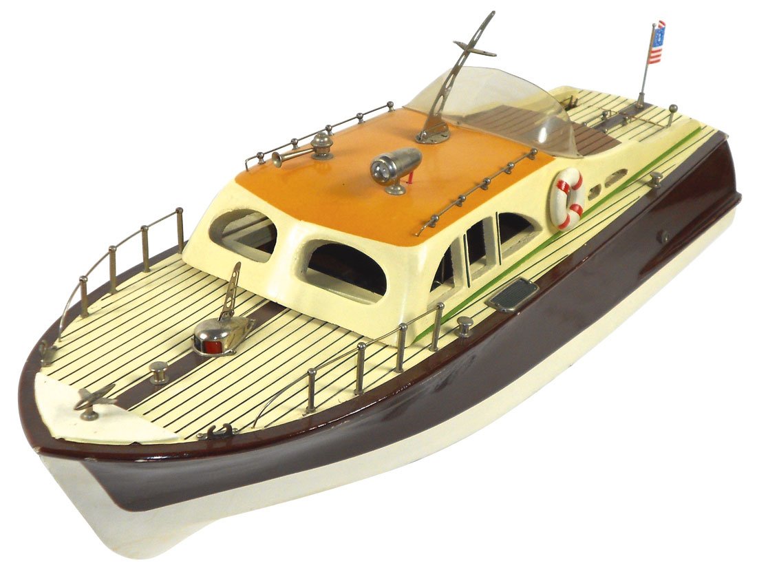 Toy boat, Japanese ITO cabin cruiser, wood, batte: Toy boat, Japanese ITO cabin cruiser, wood, battery powered, brown, cream & orange, Exc cond, 22"L.