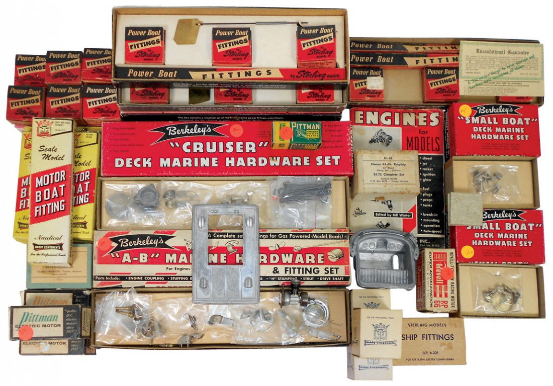 Toy boat parts, approx 35 boxes of new old stock: Toy boat parts, approx 35 boxes of new old stock from Berkeley Models Toy Marine Hardware Sets, Sterling Models, AristoCraft Fittings & Pittman Electric Motors, a virtual treasure trove of parts, most