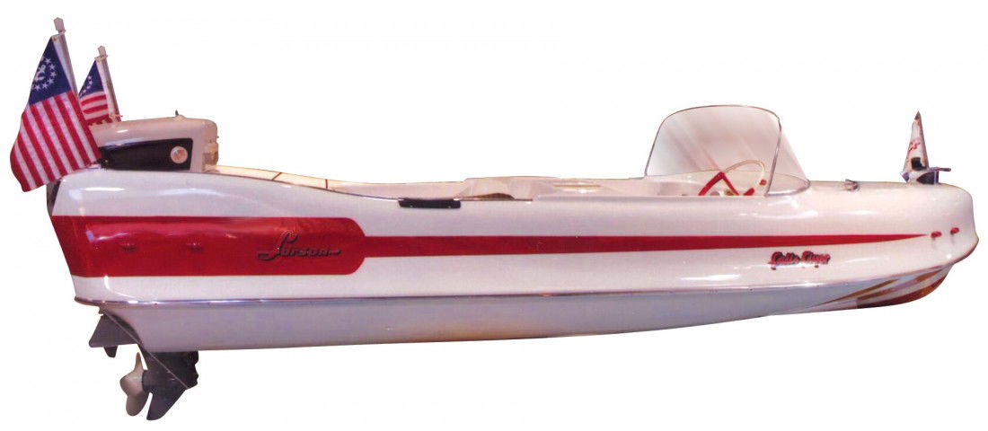 Boat, Larson Falls Flyer, fiberglass, c.1958, 16: Boat, Larson Falls Flyer, fiberglass, c.1958, 16 ft, professionally restored in Exc cond. Complete w/a restored 1958 Evinrude Starflite 4-cyl 50 HP motor & restored Tee Nee trailer. This boat was on d