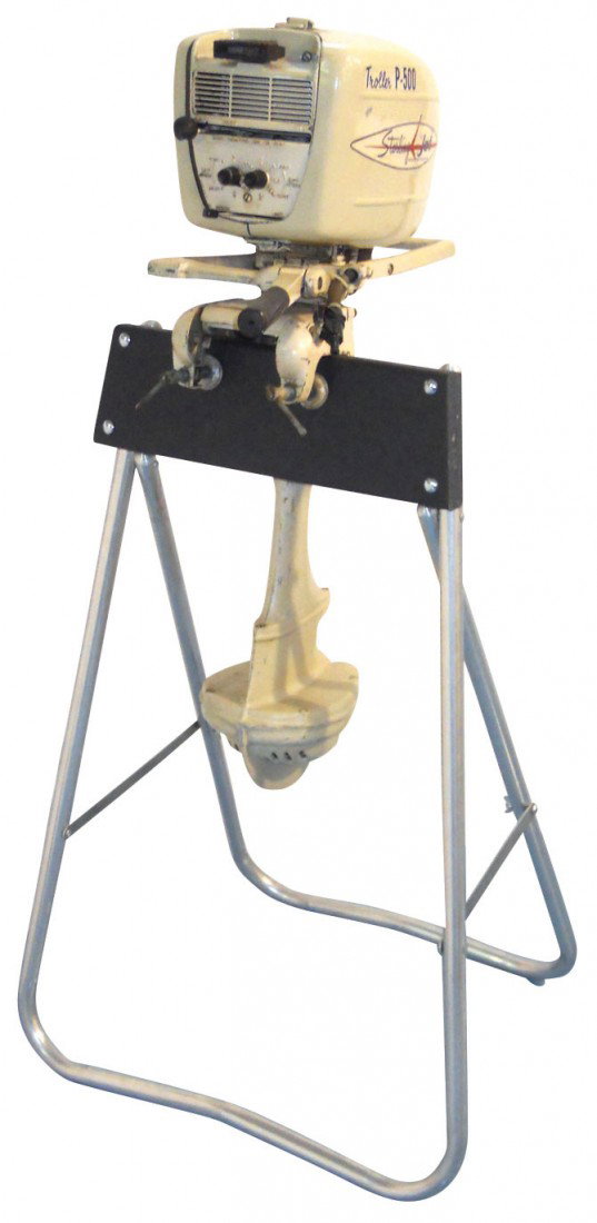 Boat outboard motor w/stand, Starling Jet, c.1965: Boat outboard motor w/stand, Starling Jet, c.1965-1967, 5HP, an air-cooled, single cyl engine w/a Clinton powerhead, mfgd by Propulsion Research Inc.-Minneapolis, MN, VG orig cond w/some minor dents &