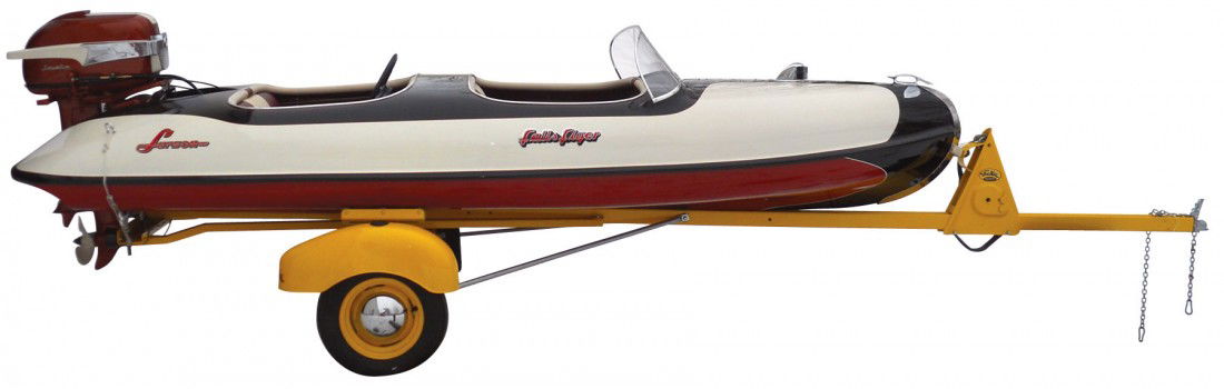 Speed boat, Larson Falls Flyer, fiberglass, c.195: Speed boat, Larson Falls Flyer, fiberglass, c.1954-1957, 14 ft. Fully restored & ready to run. Powered by a fully restored Johnson Javelin outboard motor. Comes w/a Tee Nee trailer & a high quality cu
