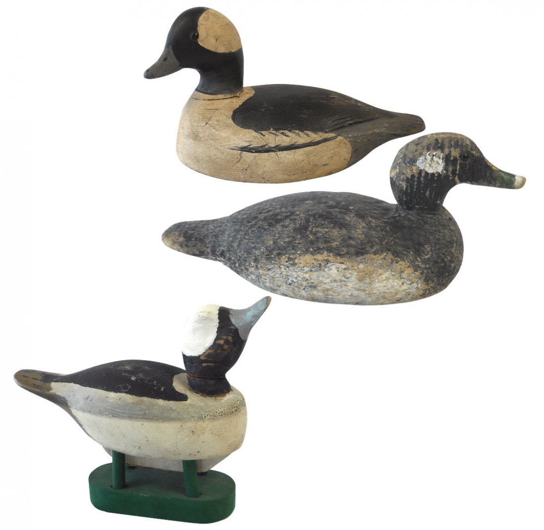 Decoys (3), Bufflehead drake caller, carved by Al: Decoys (3), Bufflehead drake caller, carved by Allen, VG cond w/some repaint on head, 10"L, Bufflehead drake, "M B" carved on bottom, tight tail crack, o/wise Exc cond, 11.5"L & Pratt Bufflehead hen, 