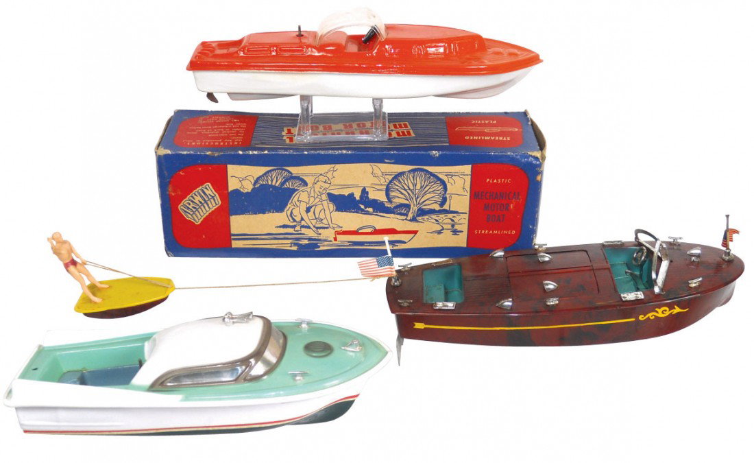 Toy boats (3), plastic, one marked Irwin w/box, E: Toy boats (3), plastic, one marked Irwin w/box, Exc cond, 13"L, one missing battery cover, another in VG cond, both 12"L.