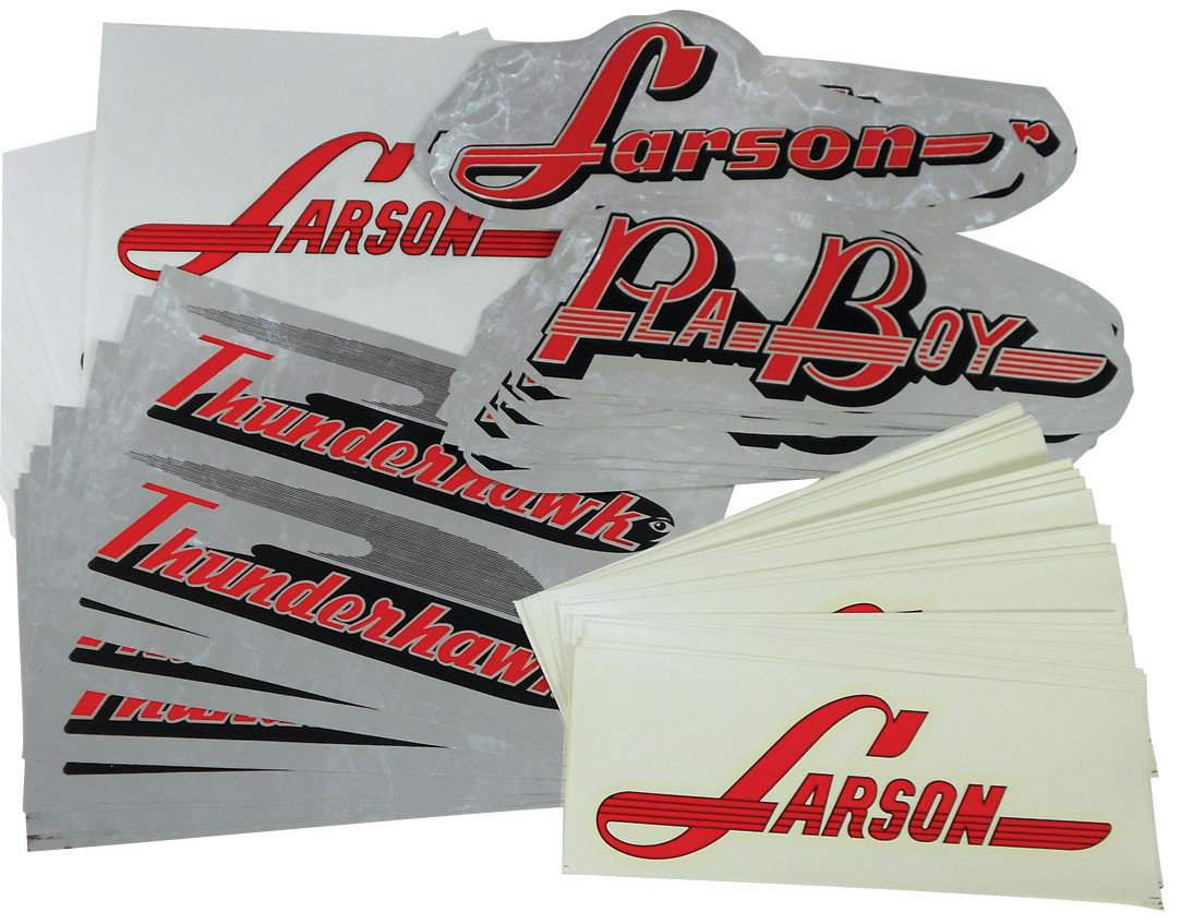 Boat decals, approx 100 pcs, (8) Larson foil, 12": Boat decals, approx 100 pcs, (8) Larson foil, 12", (12) Larson vinyl, 10", (9) Thunderhawk foil, 12", (40) Larson water, 10", (24) Pla-boy foil, 12" & (8) Falls Flyer foil, 14", new decals in Exc cond
