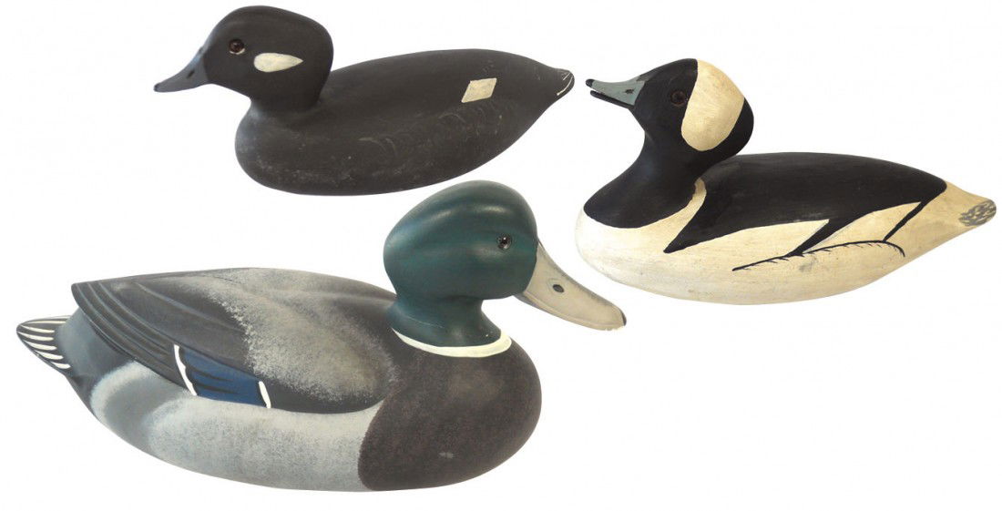Decoys (3), Bufflehead pr carved by John Hamilton: Decoys (3), Bufflehead pr carved by John Hamilton-NJ, branded, Exc cond, 11.5"L & Mallard drake carved by Bob Berry-DE, 1994 from "A North American Duck Collection," VG to Exc cond w/few tiny paint ch