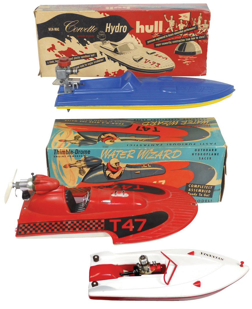 Toy boats (3), Wen-Mac Corvette Hydroplane, plast: Toy boats (3), Wen-Mac Corvette Hydroplane, plastic w/metal 6" motor & box, 18"L, Wen-Mac inboard w/gasoline engine, 12"L, both Exc cond & Thimble-Drome Water Wizard Hydroplane, VG cond w/box.