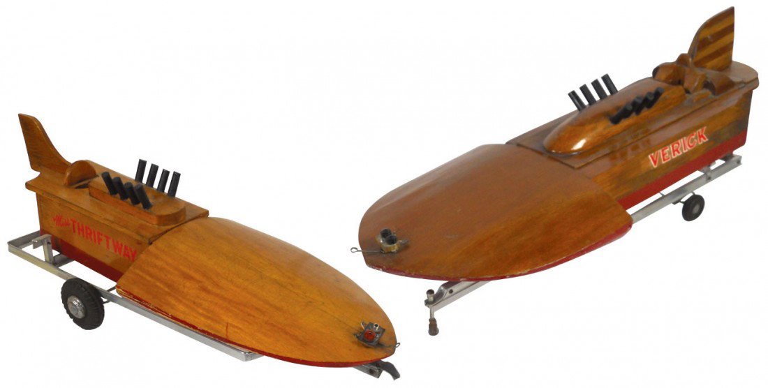Toy boats (2), "Miss Thriftway" & Maverick, handm: Toy boats (2), "Miss Thriftway" & Maverick, handmade wood hydroplanes, both w/trailers, VG cond, 20"L.