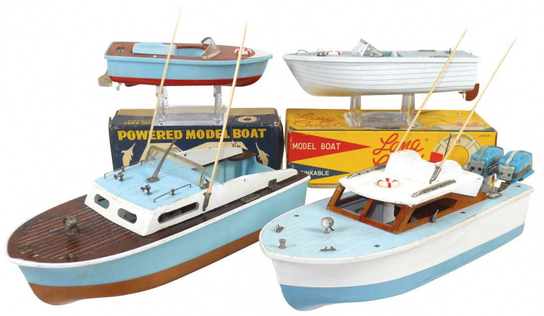 0704: Toy boats (4), Japanese battery powered wood & pl