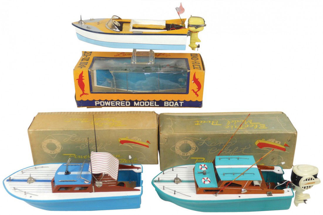 Toy boats (3), all Langcraft battery-powered wood: Toy boats (3), all Langcraft battery-powered wood & plastic boats w/boxes, 2 w/motors, all Exc cond, 12" to 13"L.