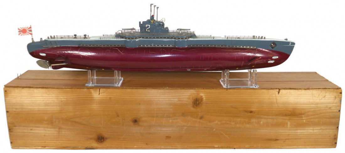Toy boat, Japanese submarine #2, wood, battery po: Toy boat, Japanese submarine #2, wood, battery powered, VG orig cond w/alligatored paint, complete w/wood box, 27"L.
