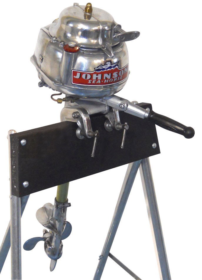 Boat outboard motor w/stand, Johnson Sea-Horse Mo: Boat outboard motor w/stand, Johnson Sea-Horse Model MD, c.1939, 1.1HP, the smallest, lightest motor Johnson ever built, features 360 degree steering, recoil starter & a streamline powerhead enclosure