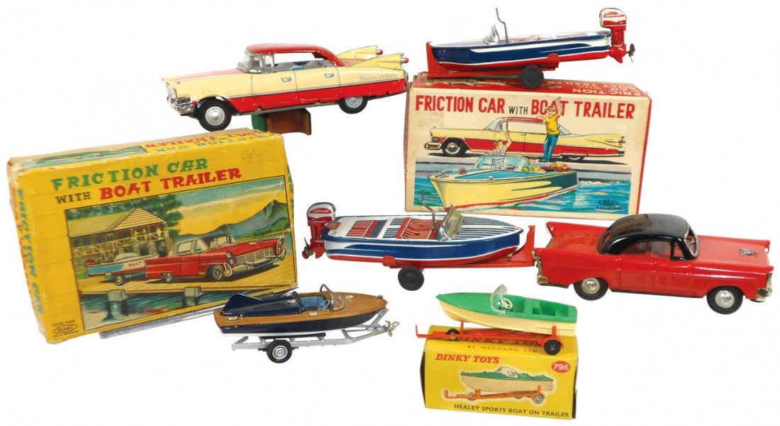 Toy boats, cars & trailers, 2 sets of Japanese ti: Toy boats, cars & trailers, 2 sets of Japanese tin litho cars, boats & trailers w/box, 6", Dinky Toy plastic & metal boat & trailer & Brooklin metal boat & trailer, all Exc cond, 3.5" to 15"L.