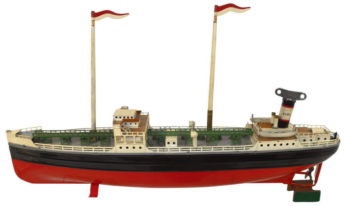 Toy boat, Fleischmann tanker, c.1930's, metal win: Toy boat, Fleischmann tanker, c.1930's, metal windup, a Rare boat in Exc cond, 20"L.