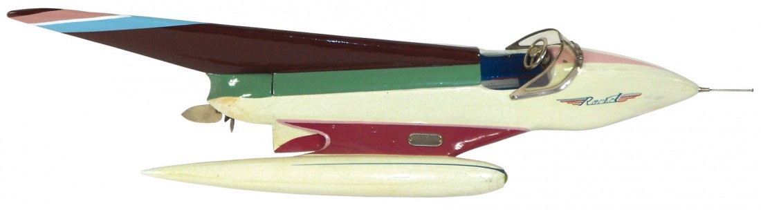 Toy boat, Japanese ITO Rocket, works marked TMY, : Toy boat, Japanese ITO Rocket, works marked TMY, Rare, wood, battery powered smaller version, Exc cond, 22"L.