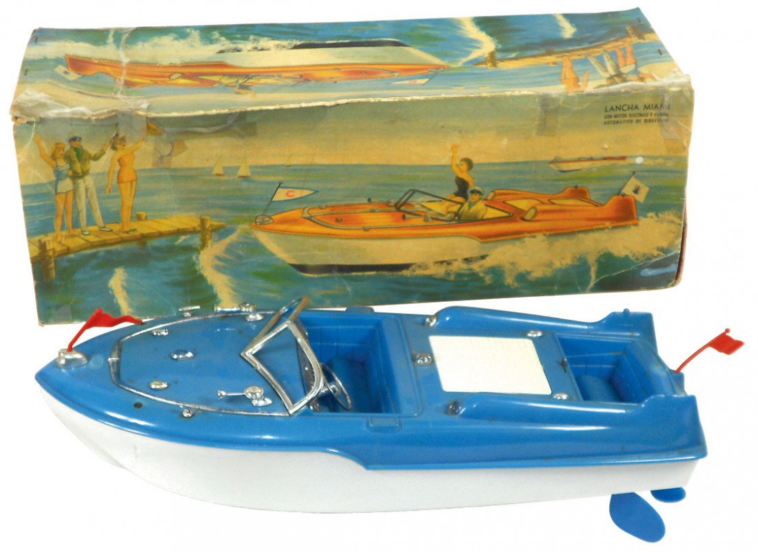 Toy boat, Lancha Miami, c.1962, Exc cond w/Poor b: Toy boat, Lancha Miami, c.1962, Exc cond w/Poor but colorful box & instructions, 18"L.
