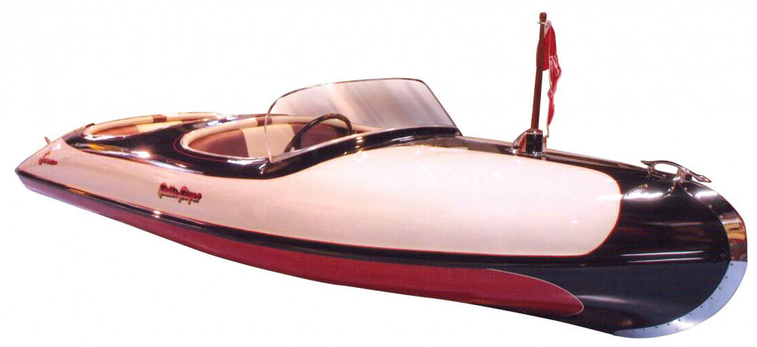 Speed boat, Larson Falls Flyer, fiberglass, c.195: Speed boat, Larson Falls Flyer, fiberglass, c.1956, 14 ft. Exc restored cond. A classy speed boat w/a Johnson Javelin 30HP motor in Exc restored cond.