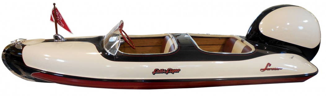 Speed boat, Larson Falls Flyer, all fiberglass, c: Speed boat, Larson Falls Flyer, all fiberglass, c.1956, 14 ft. This boat sports a Very Rare engine hood designed to lessen engine noise & give a streamlined appearance. Very Rare as only 2 are known t