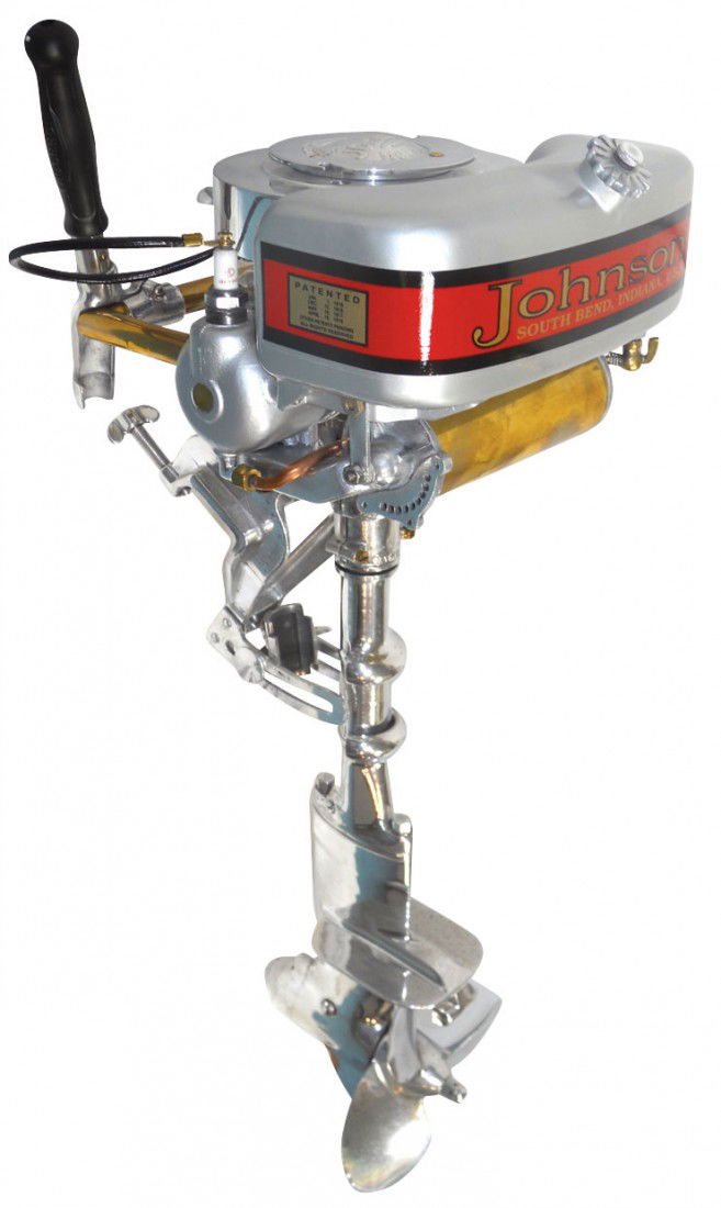 Boat outboard motor, Johnson, c.1927, 2.7HP, a hu: Boat outboard motor, Johnson, c.1927, 2.7HP, a hunter & fisherman's favorite as it weighs only 26 lbs & easy to transport, speed range is 1-7 mph, an older restoration, 36"H.
