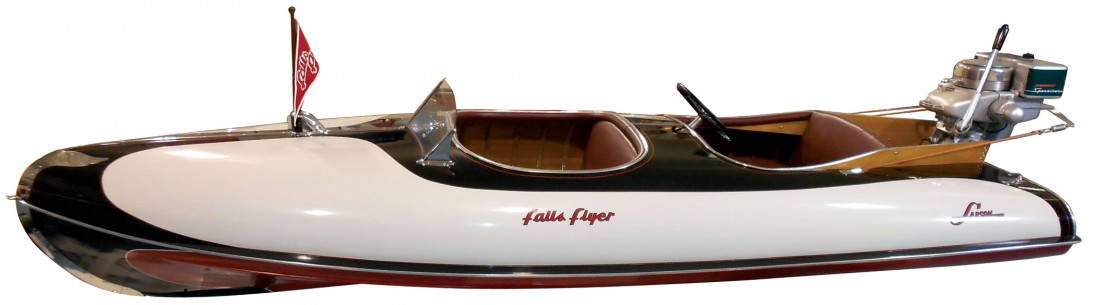 Speed boat, Larson Falls Flyer Outboard, wood w/c: Speed boat, Larson Falls Flyer Outboard, wood w/canvas overlay, c.1941, 14 ft, hull #4173, constructed of steam-bent oak frames & cedar strip planking covered w/fabric. A Rare model as only 8 are know