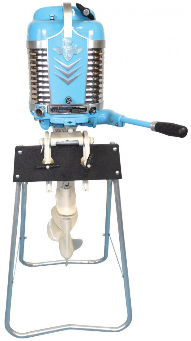 Boat outboard motor w/stand, Mercury 30E, this El: Boat outboard motor w/stand, Mercury 30E, this Electric Turbo Four was built from 1956-1958, a 30HP 4-cyl motor that's Very Rare in Sarasota Blue, has electric start, tilt handle configuration & provi