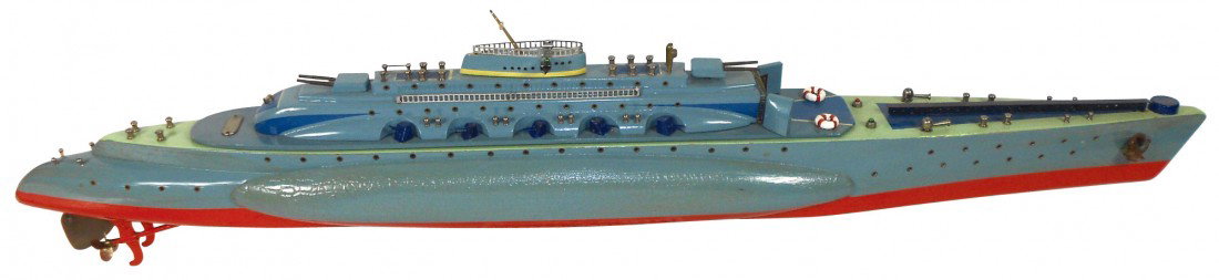Toy boat, Japanese ITO submarine w/airplane hange: Toy boat, Japanese ITO submarine w/airplane hanger, wood, battery powered, c.1940's-1950's, Exc cond, 33"L.