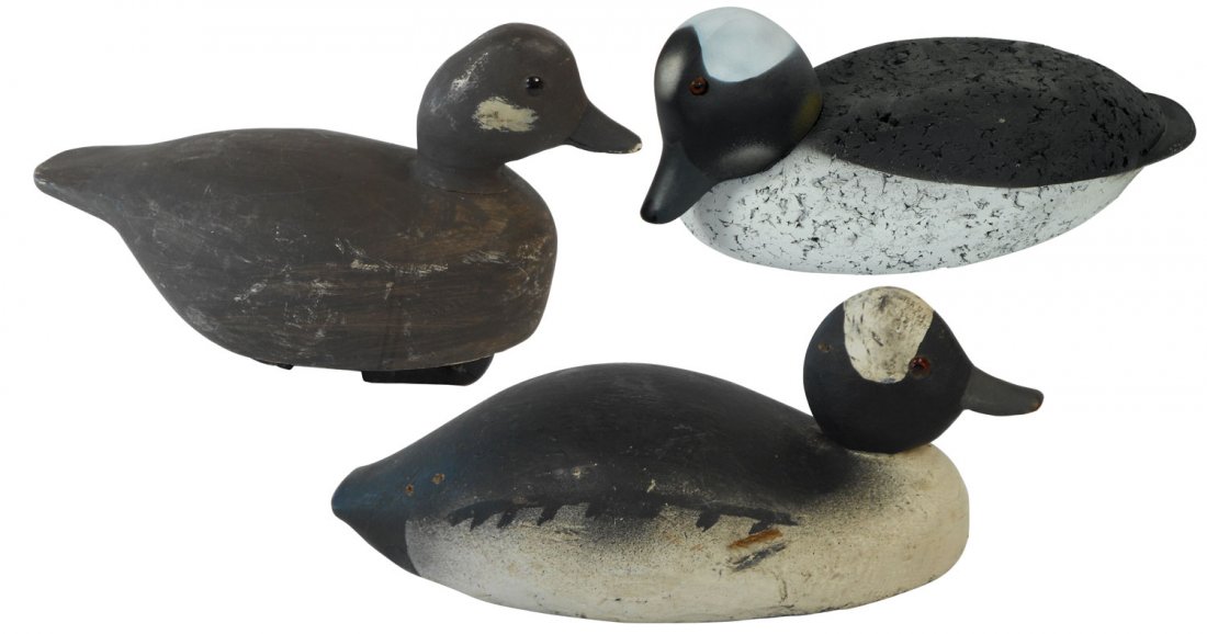 Decoys (3), Bufflehead drake, possible Peterborou: Decoys (3), Bufflehead drake, possible Peterborough, Ont, VG cond w/1" roughness on back, 12.5"L, Bufflehead hen, carver unknown, VG cond, 11"L & Bufflehead drake, carver unknown, Exc cond, 9.75"L.