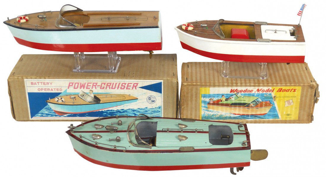 Toy boats (3), Japanese wood inboard speed boats,: Toy boats (3), Japanese wood inboard speed boats, all in Exc cond, 2 w/orig boxes, 10" to 13"L.