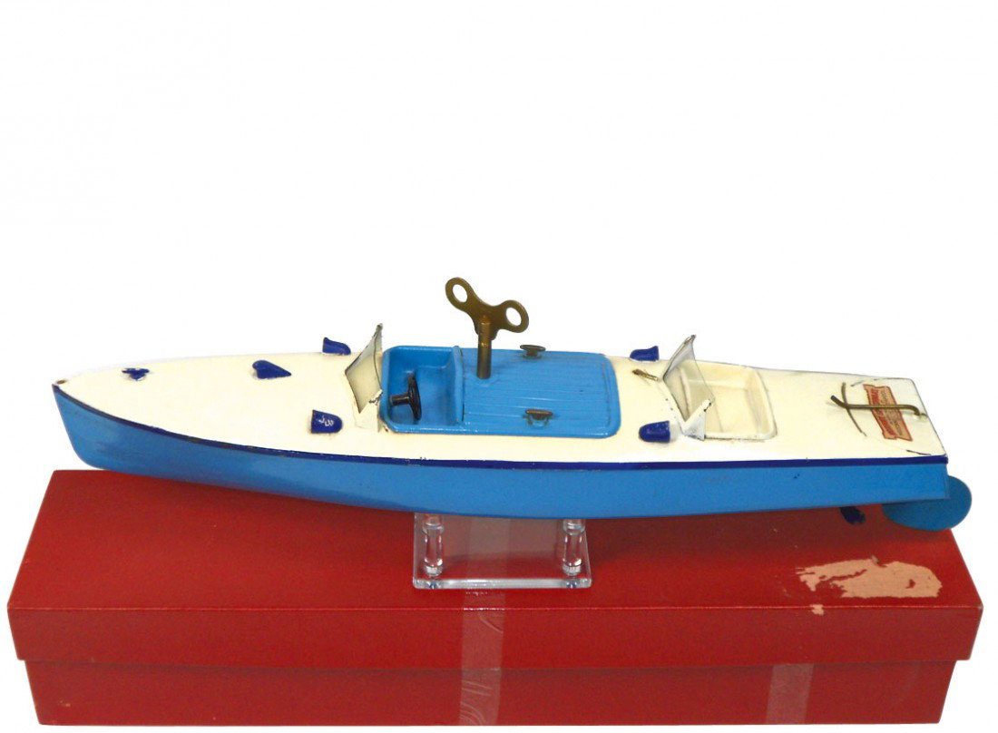 Toy boat, Hornby metal windup speed boat, "Racer : Toy boat, Hornby metal windup speed boat, "Racer III", blue/white, Exc cond w/box, 16"L.